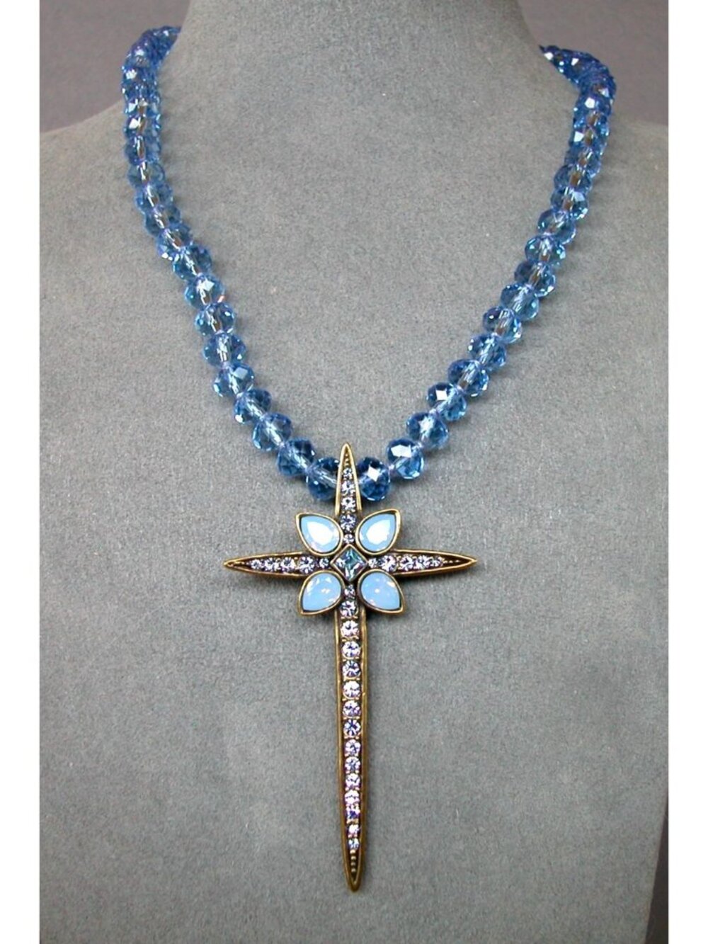Heidi Daus Vintage Blue Beaded & Crystal Cross Pendant Necklace.